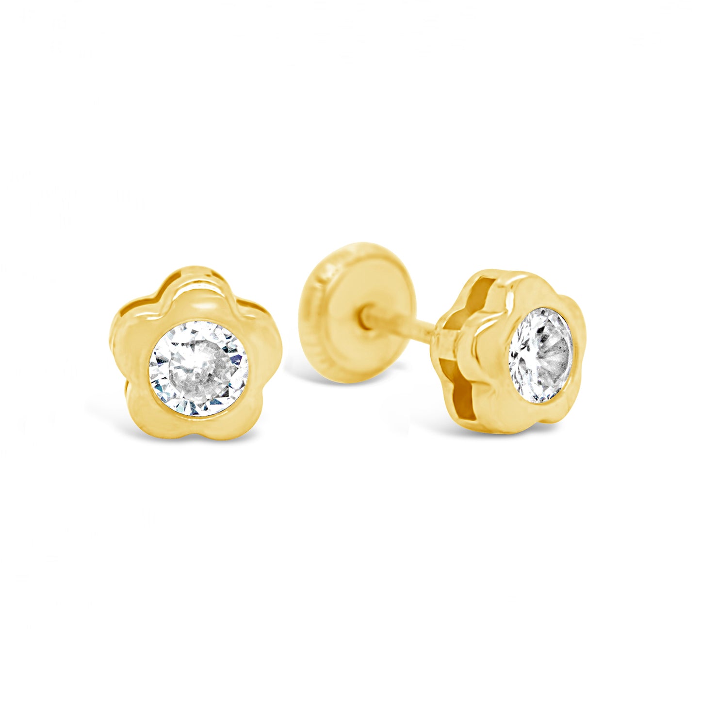 14K Yellow Gold Small Round CZ Petal-Frame Stud Screwback Earrings-1