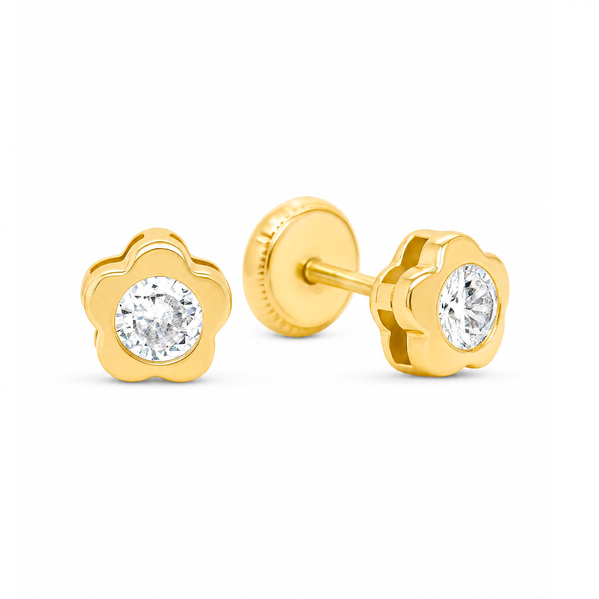 14K Yellow Gold Extra Small Round CZ Petal-Frame Stud Screwback Earrings