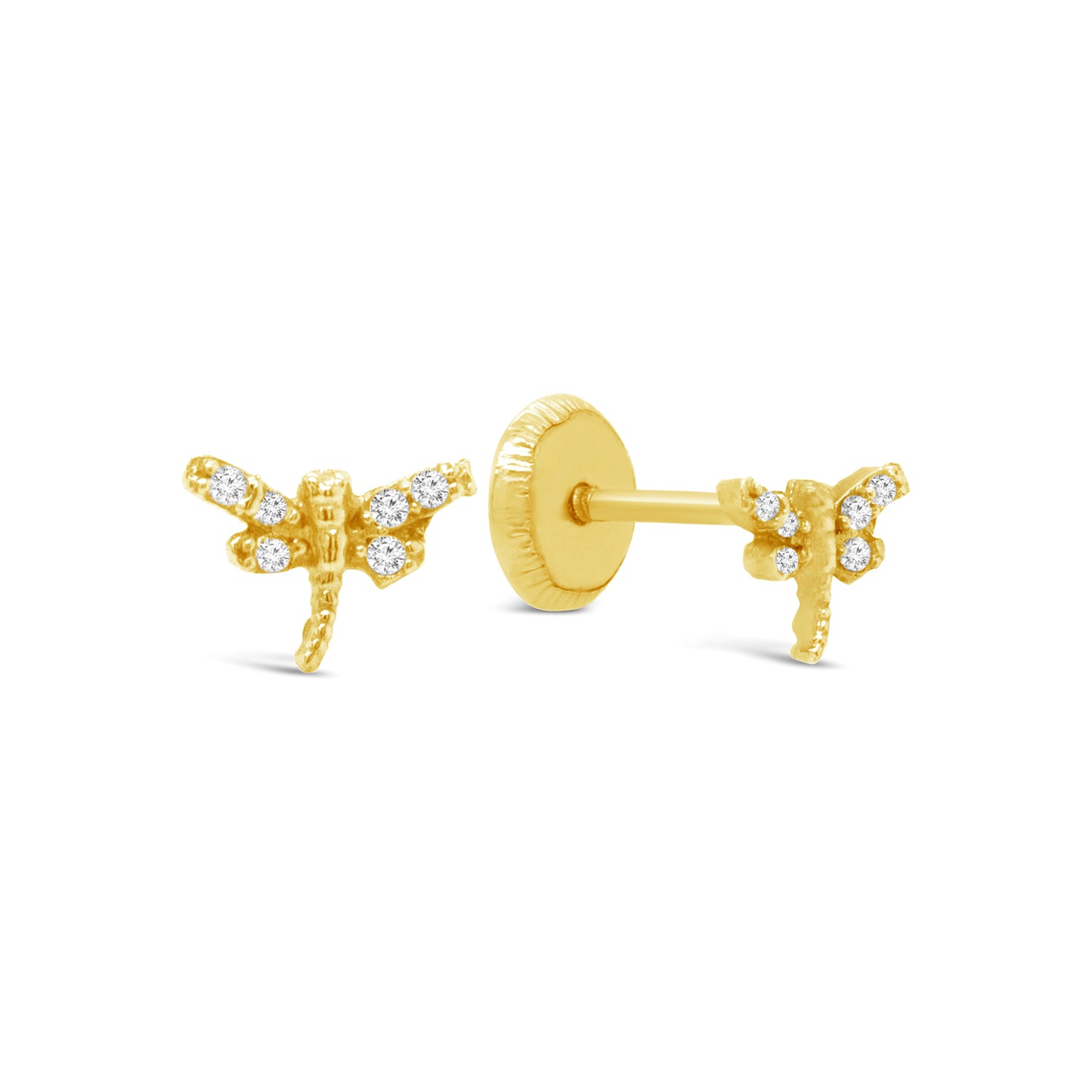 14K Yellow Gold Dragonfly with CZ Accents Stud Screwback Earrings