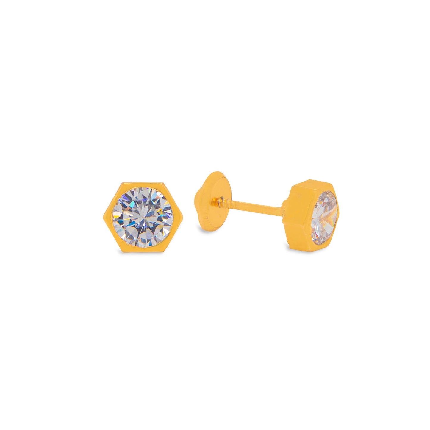 14K Yellow Gold 3MM Hexagon Bezel-Set CZ Stud Screwback Earrings