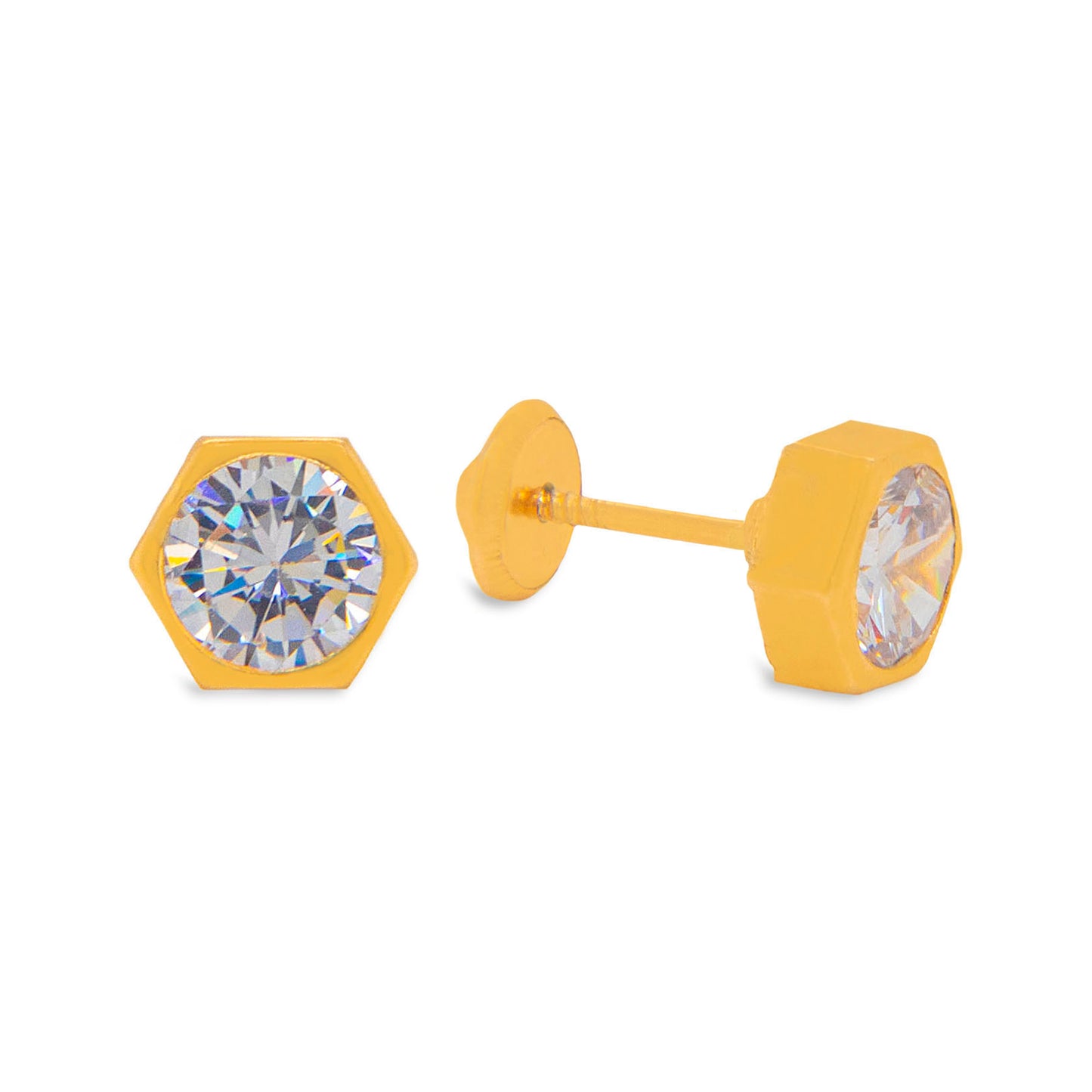 14K Yellow Gold 6MM Hexagon Bezel-Set CZ Stud Screwback Earrings