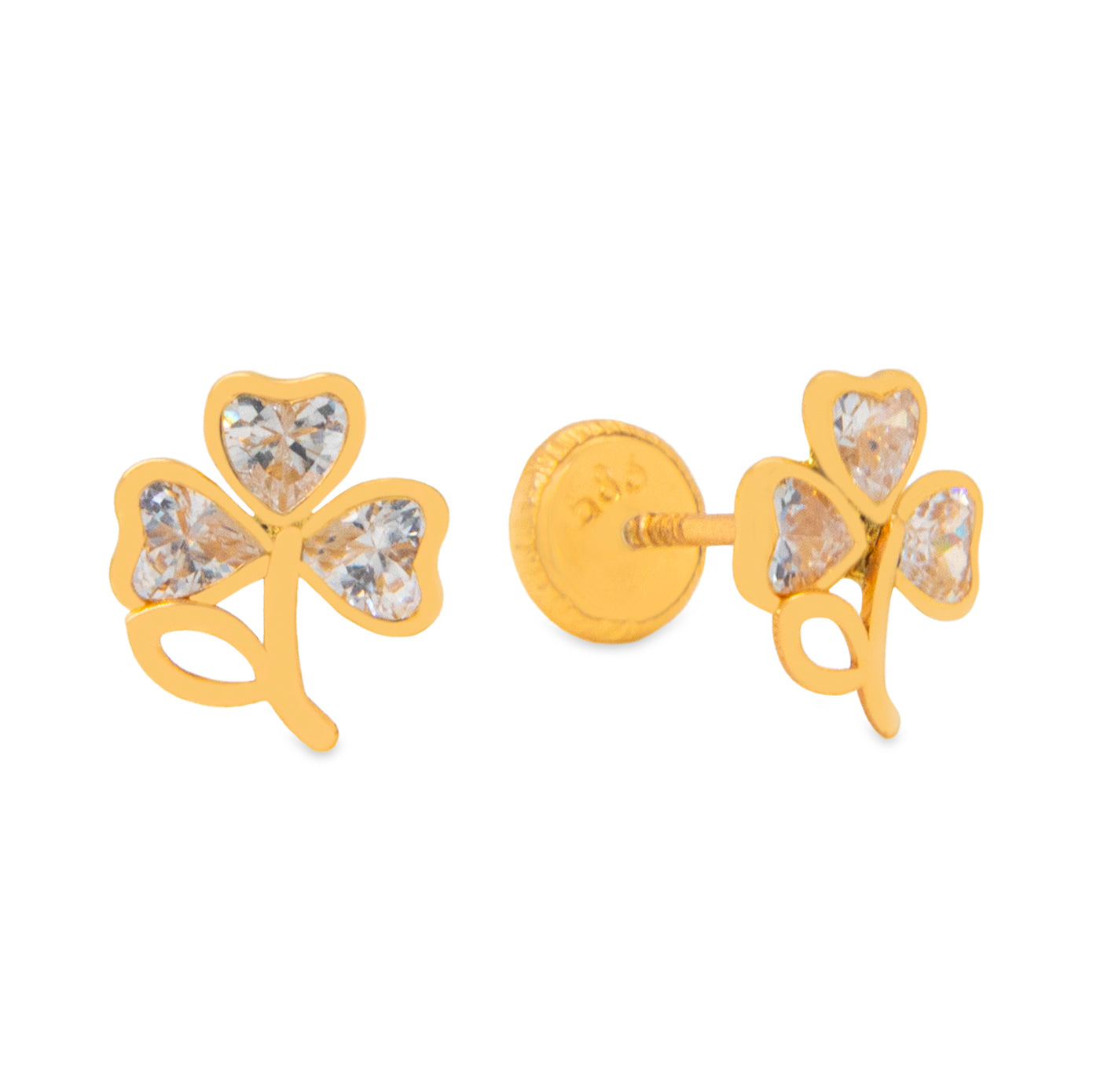 14K Yellow Gold Three CZ Leafs Clover Stud Screwback Earrings