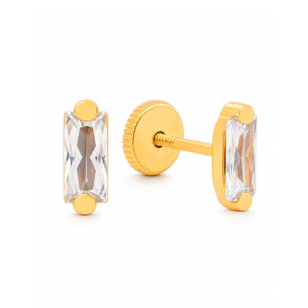 14K Yellow Gold CZ Baguette Stud Screwback Earrings
