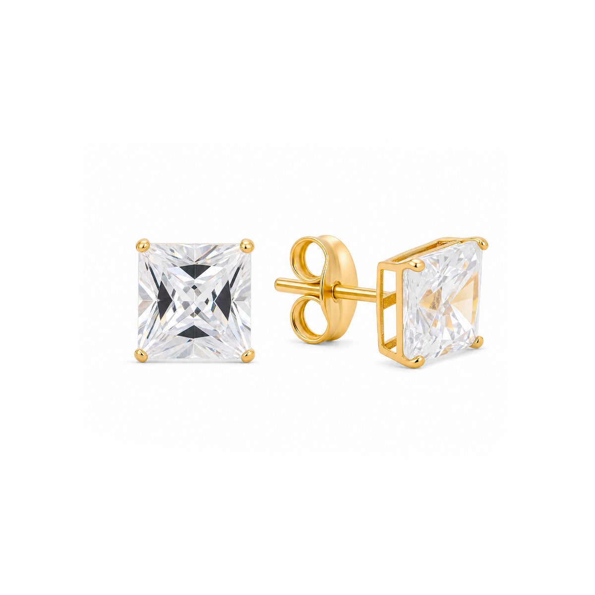 14K Yellow Gold 4MM White Princess Cut CZ Stud Pushback Earrings