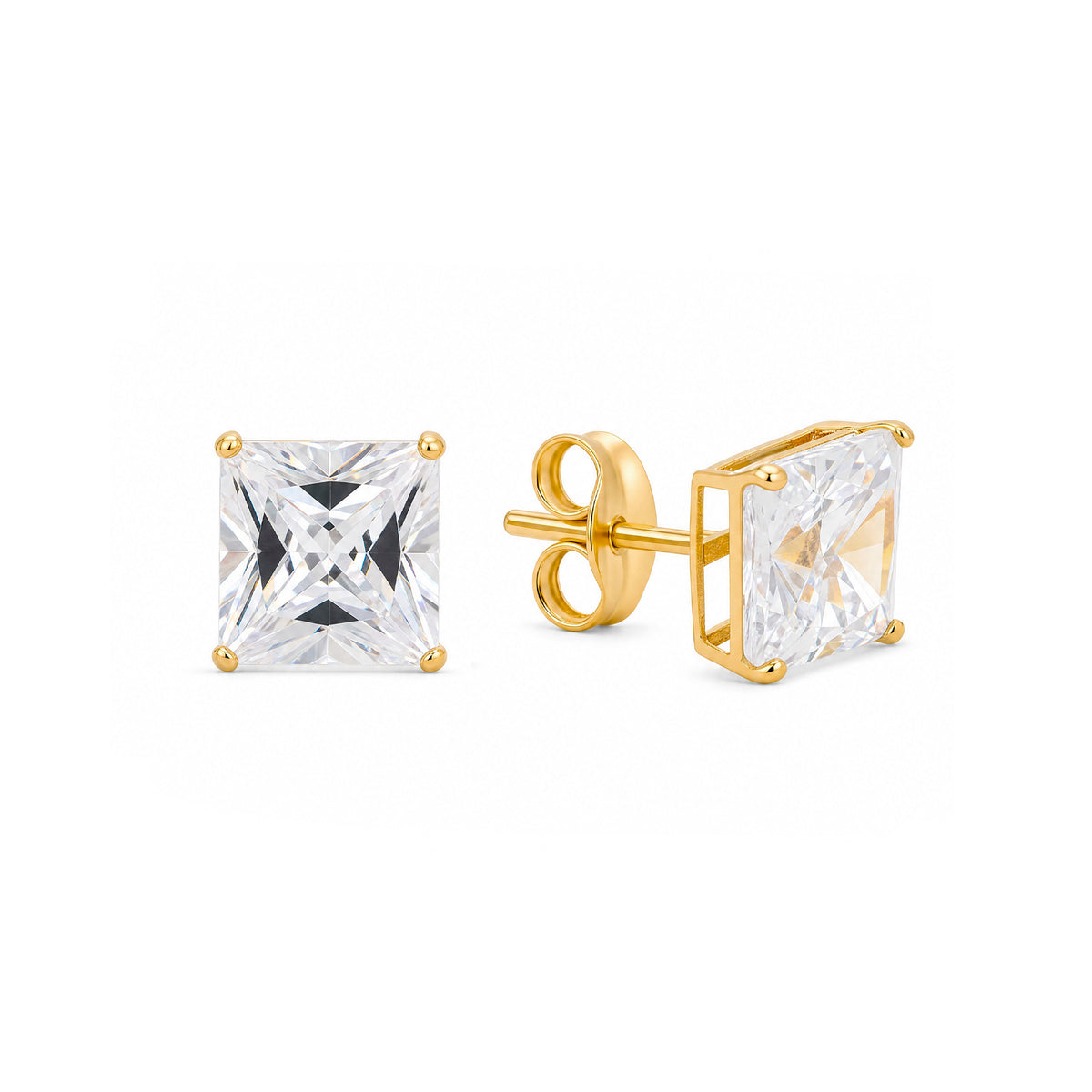 14K Yellow Gold 5MM White Princess Cut CZ Stud Pushback Earrings