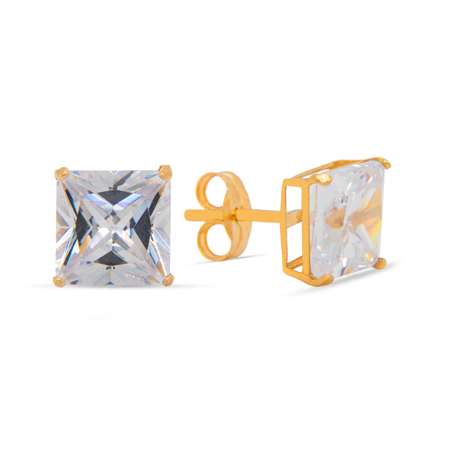 14K Yellow Gold 6MM White Princess Cut CZ Stud Pushback Earrings