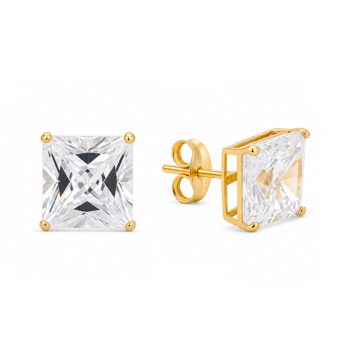 14K Yellow Gold 7MM White Princess Cut CZ Stud Pushback Earrings