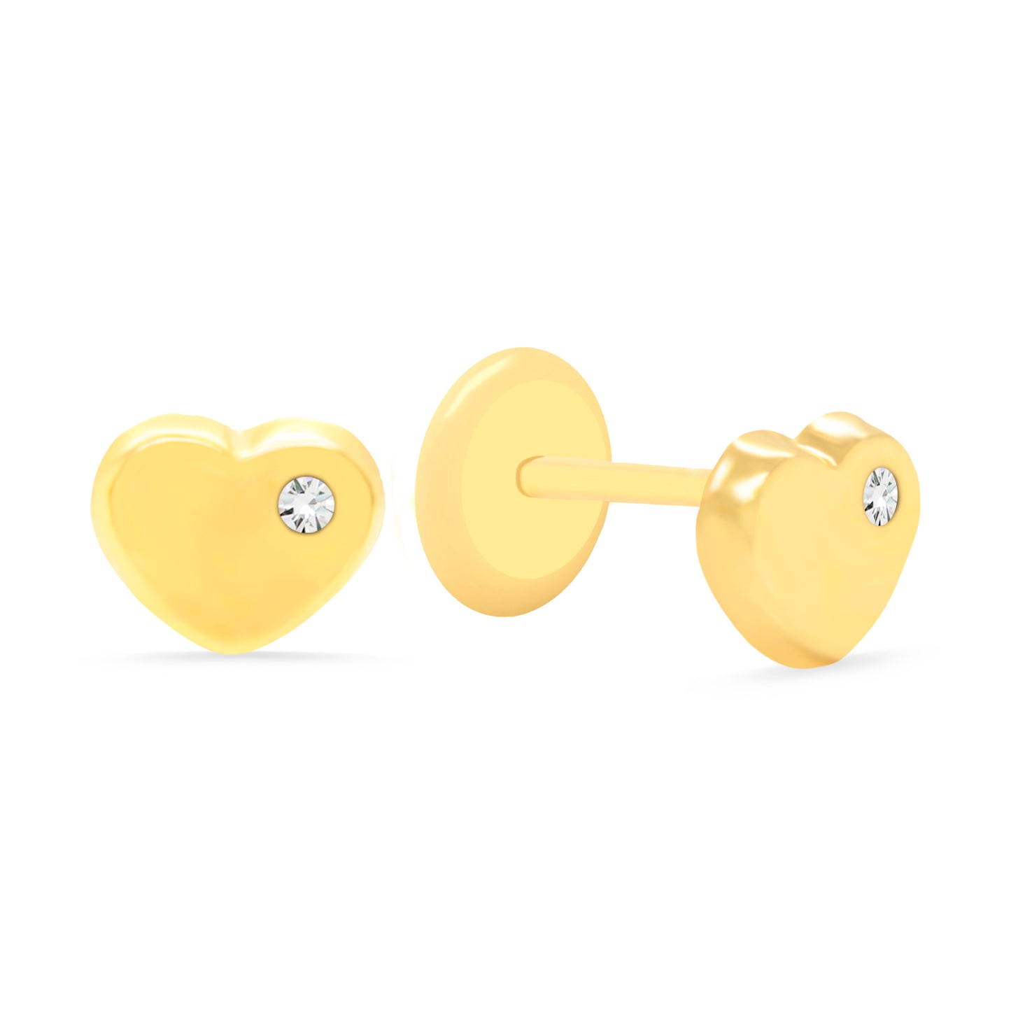 14K Yellow Gold Small Domed Heart with Solitaire CZ Stud Screwback Earrings