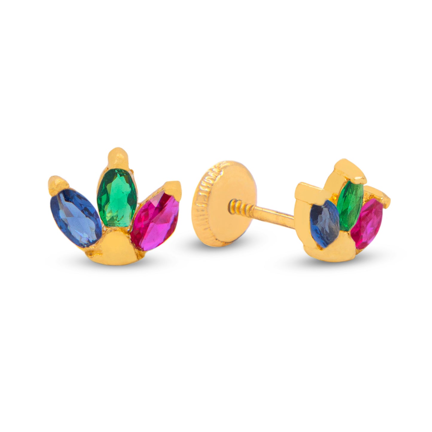 14K Yellow Gold Multicolor CZ Triple Marquise Stud Screwback Earrings