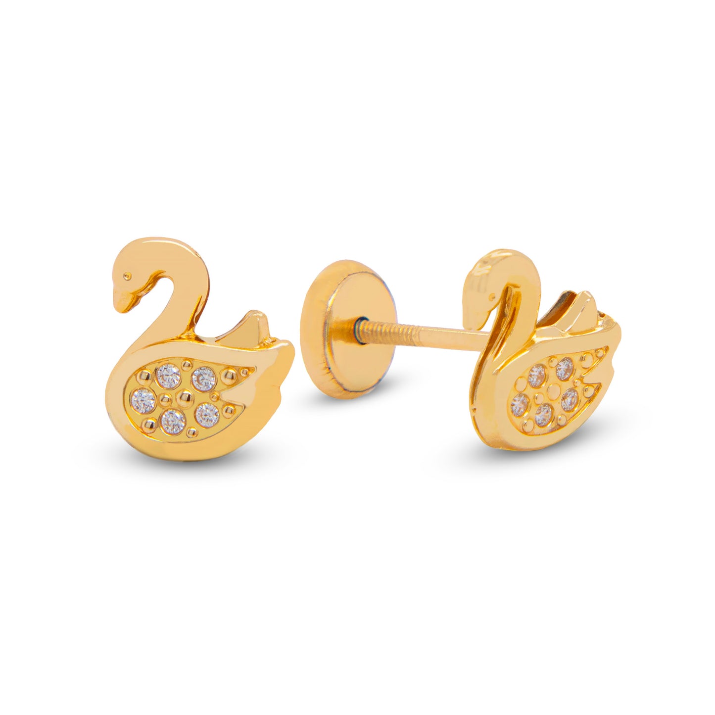 14K Yellow Gold Swan with White CZ Accents Stud Screwback Earrings