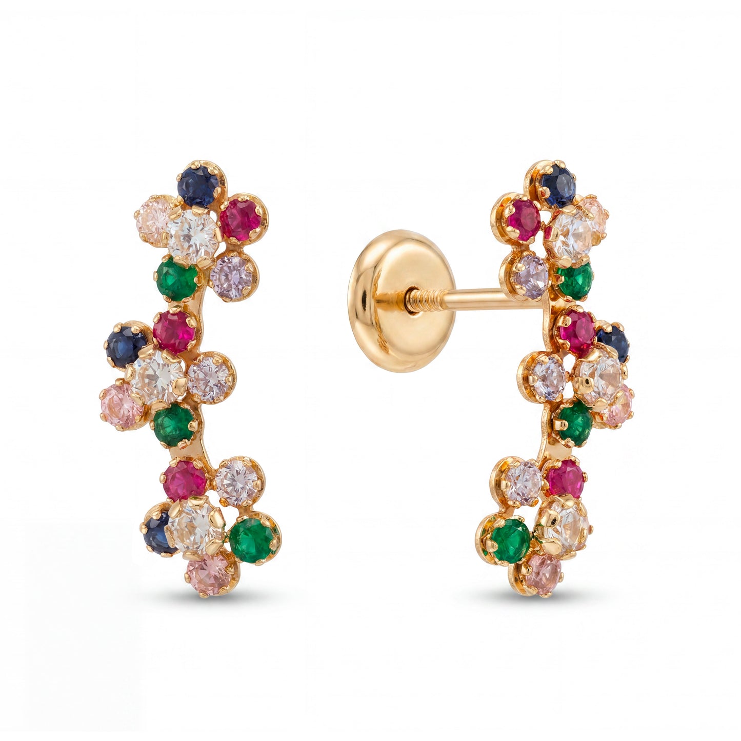 14K Yellow Gold CZ Triple Flower Ear Climber Earring-Multi Color