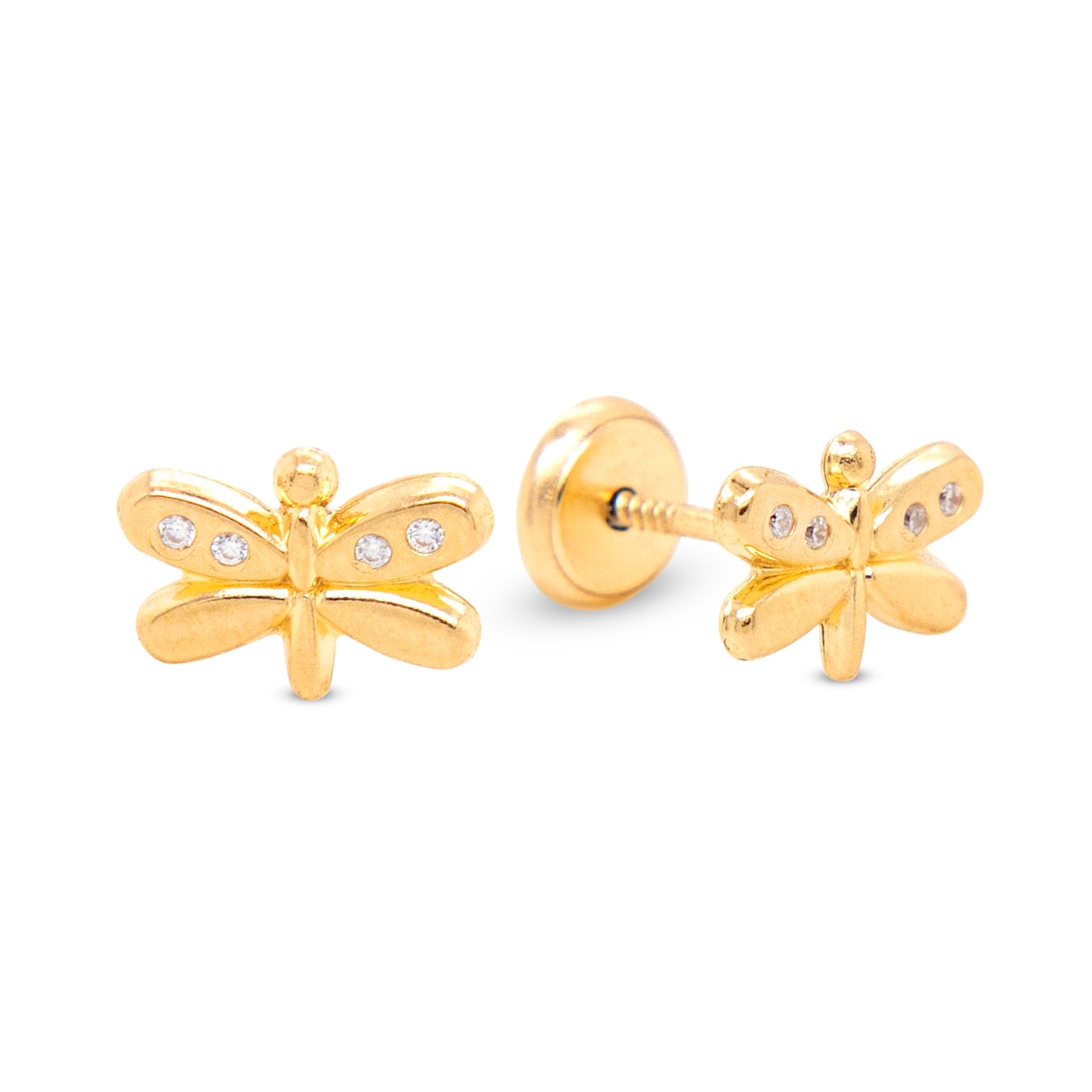 14K Yellow Gold Detailed Dragonfly with CZ Accents Stud Screwback Earrings