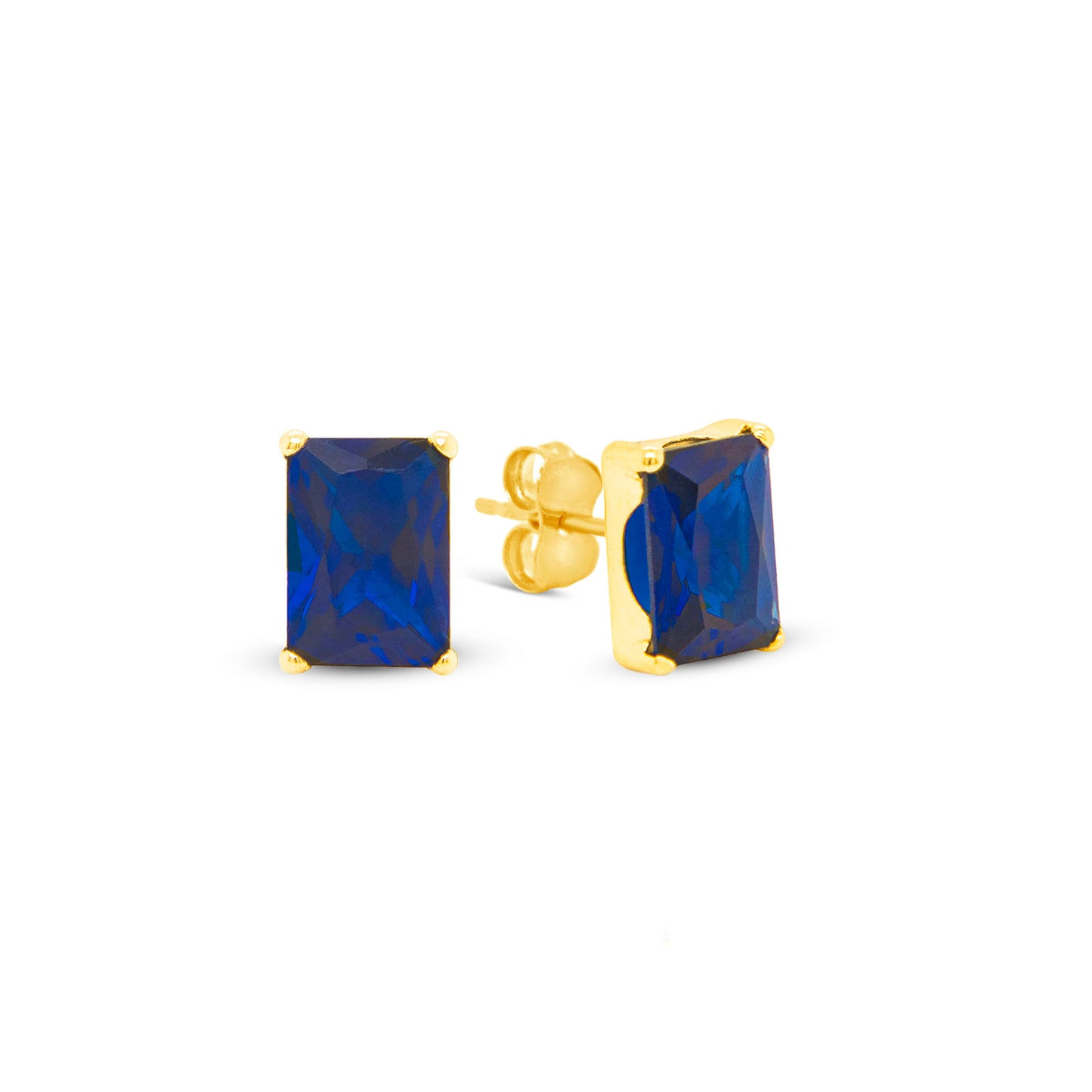 14K Yellow Gold 4MM Emerald-Cut Blue CZ Stud Pushback Earrings
