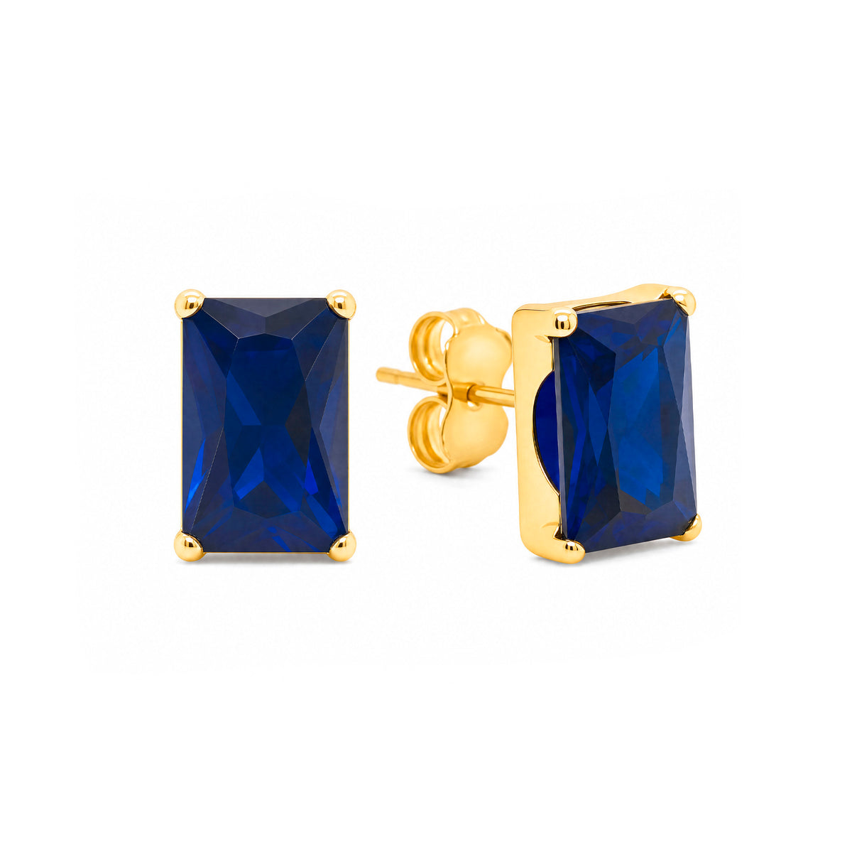 14K Yellow Gold 5MM Emerald-Cut Blue CZ Stud Pushback Earrings