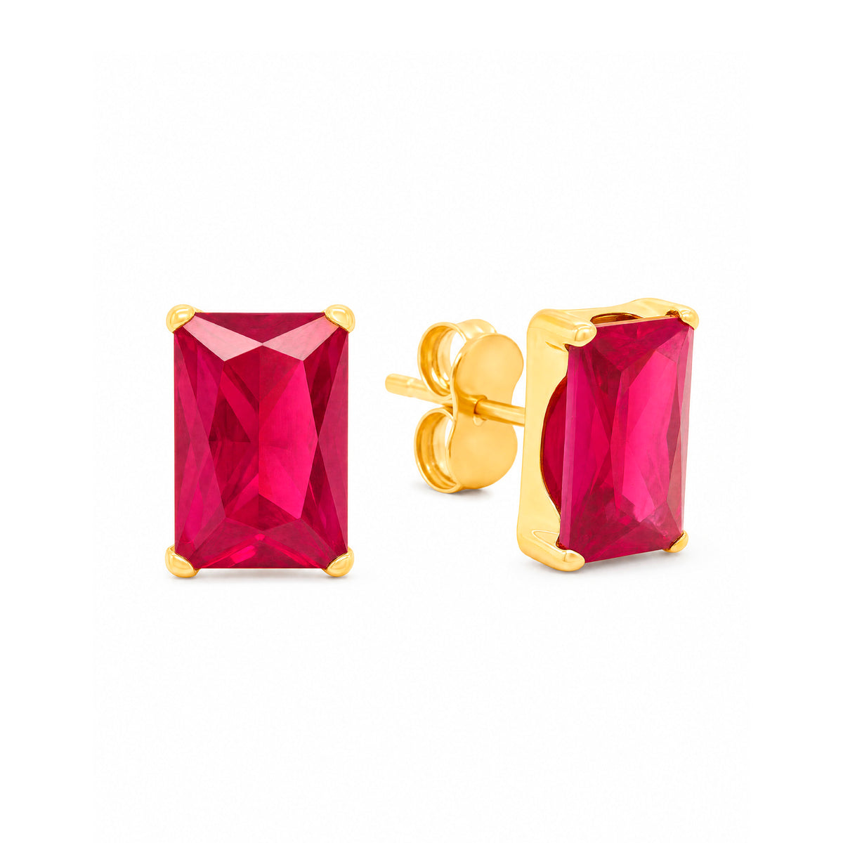 14K Yellow Gold 4MM Emerald-Cut Red CZ Stud Pushback Earrings