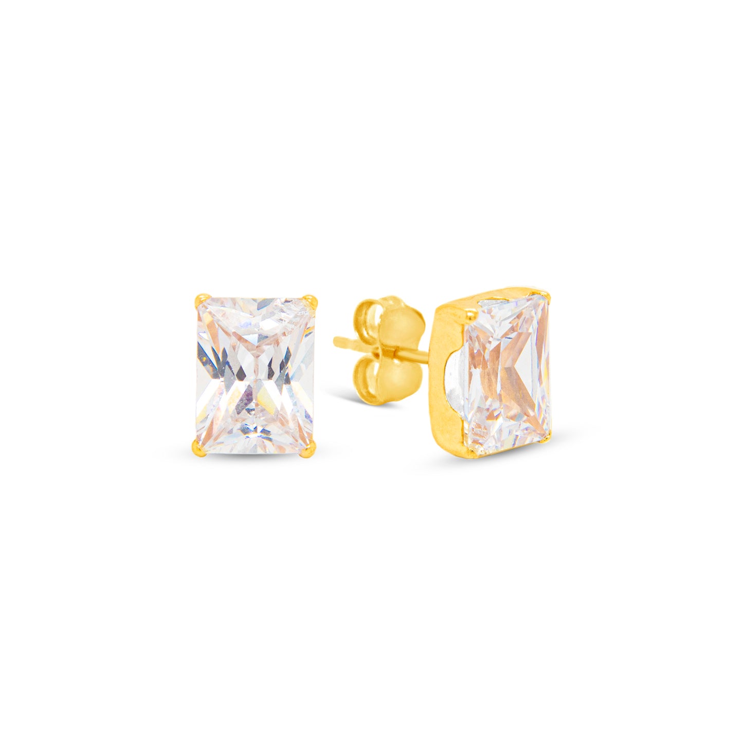14K Yellow Gold 4MM Emerald-Cut White CZ Stud Pushback Earrings