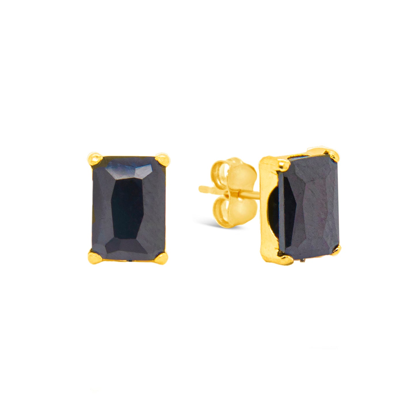 14K Yellow Gold 5MM Emerald-Cut Black CZ Stud Pushback Earrings