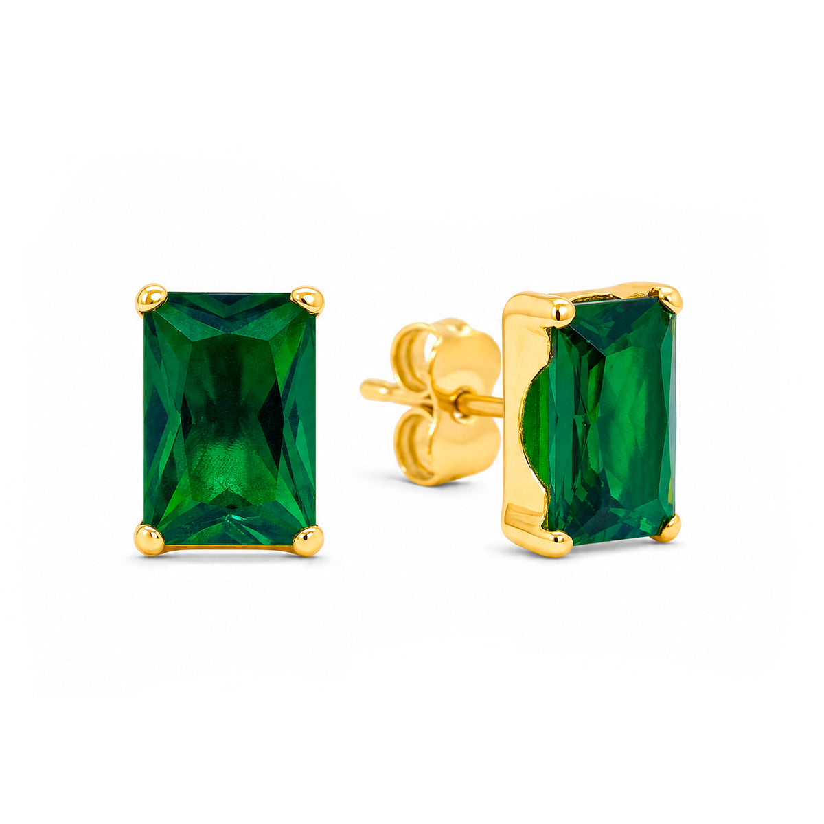 14K Yellow Gold 6MM Emerald-Cut Green CZ Stud Pushback Earrings