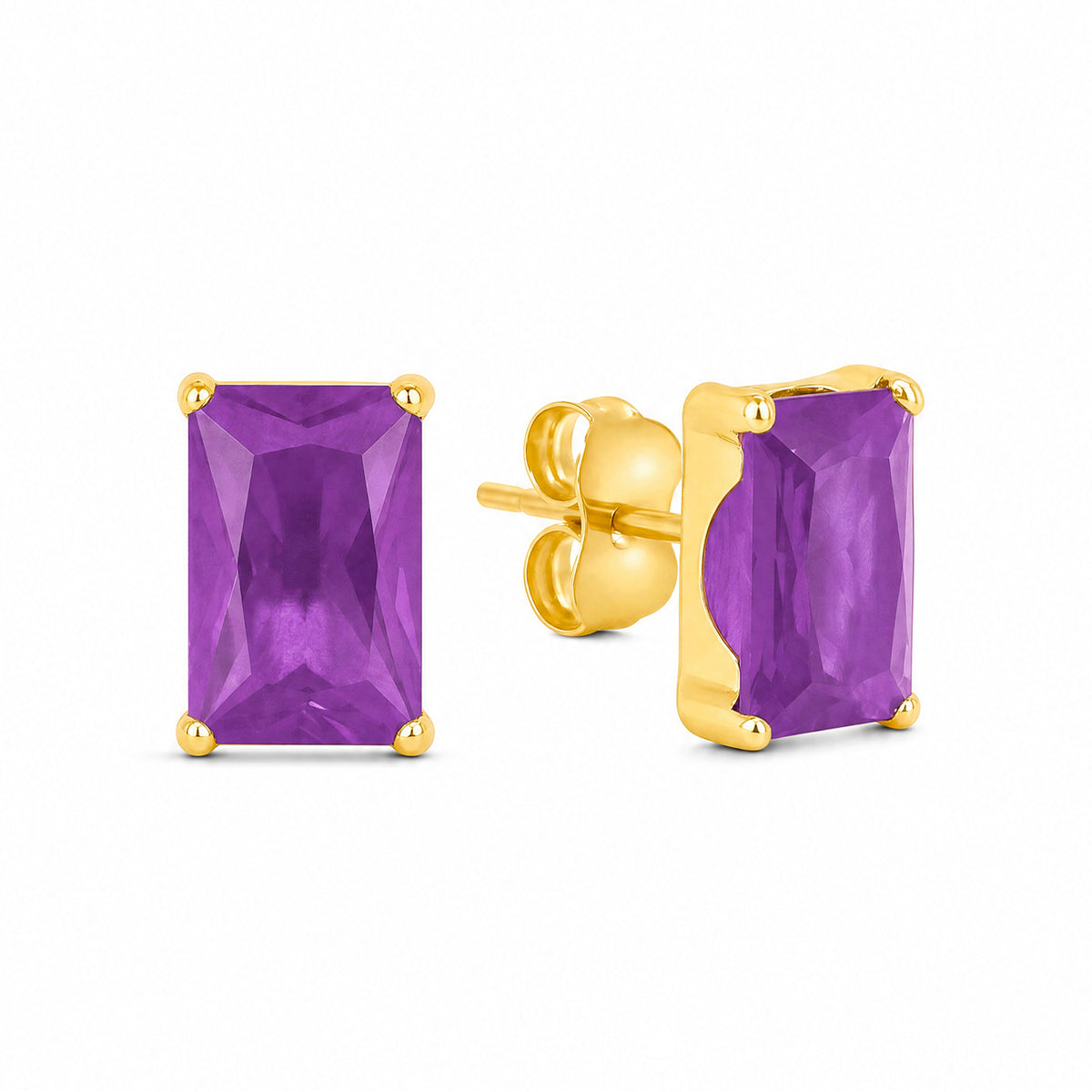 14K Yellow Gold 5MM Emerald-Cut Purple CZ Stud Pushback Earrings