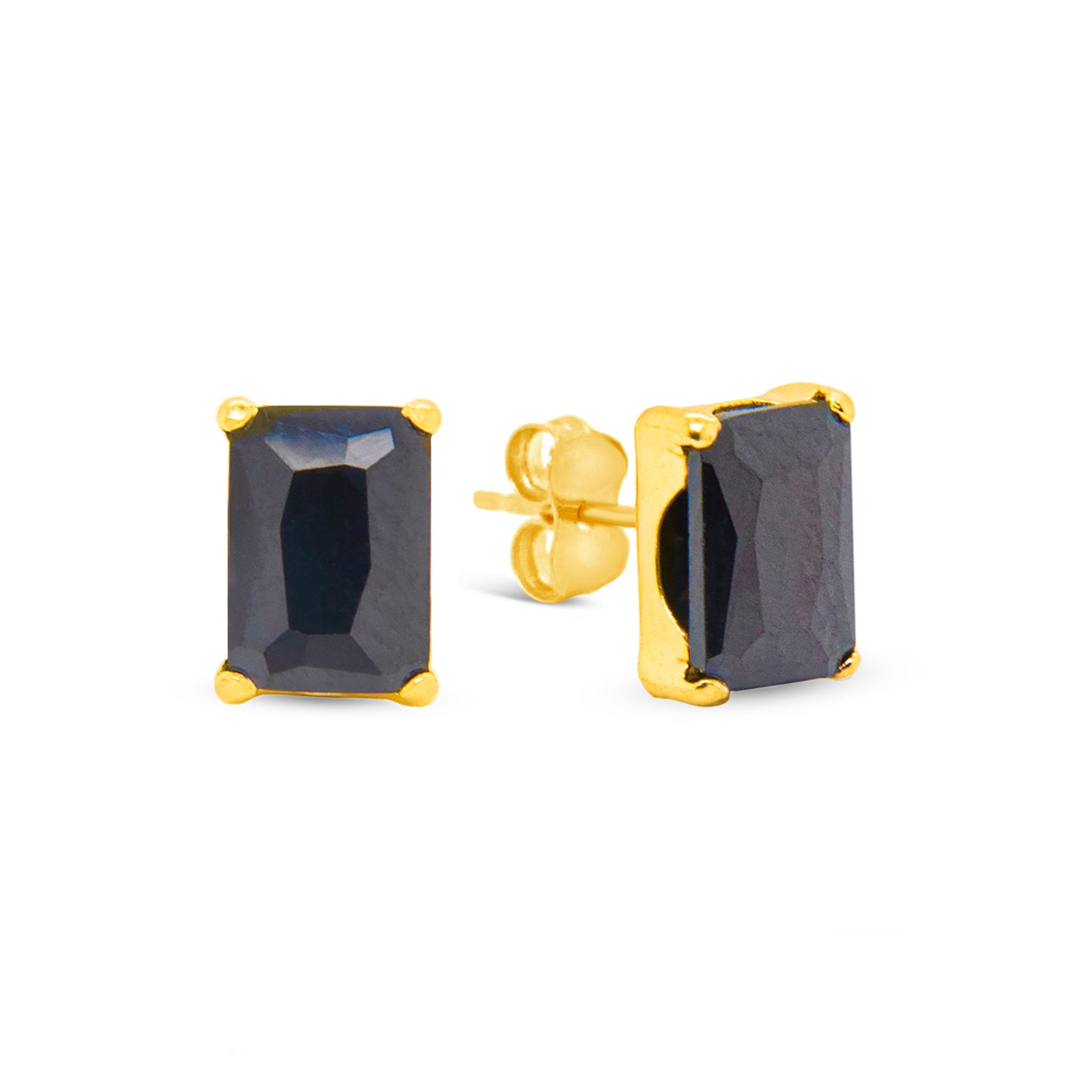 14K Yellow Gold 6MM Emerald-Cut Black CZ Stud Pushback Earrings