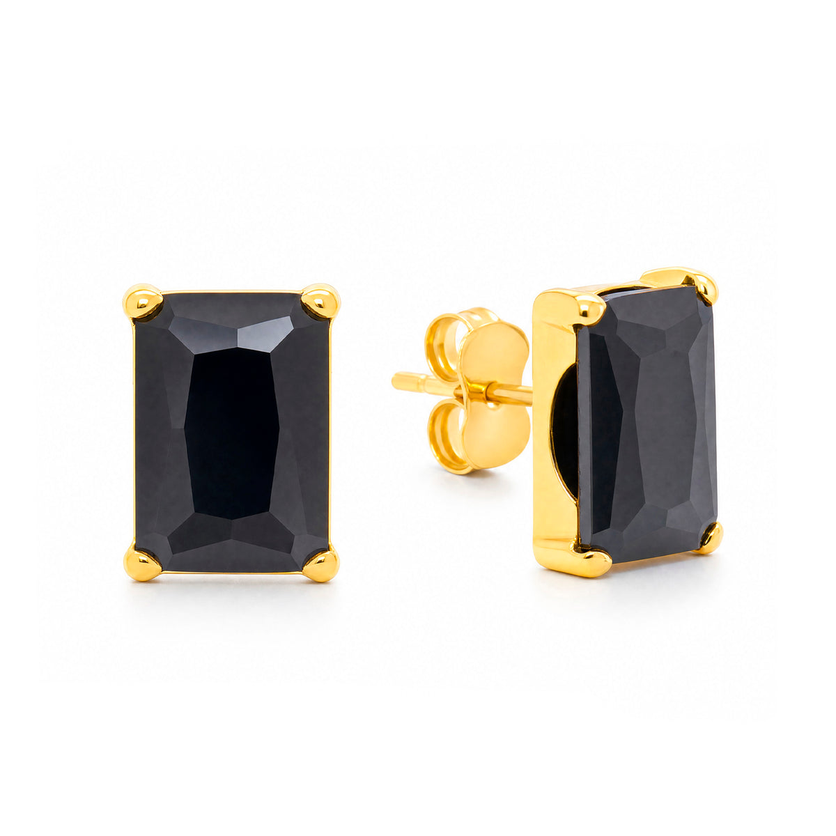 14K Yellow Gold 6MM Emerald-Cut Black CZ Stud Pushback Earrings
