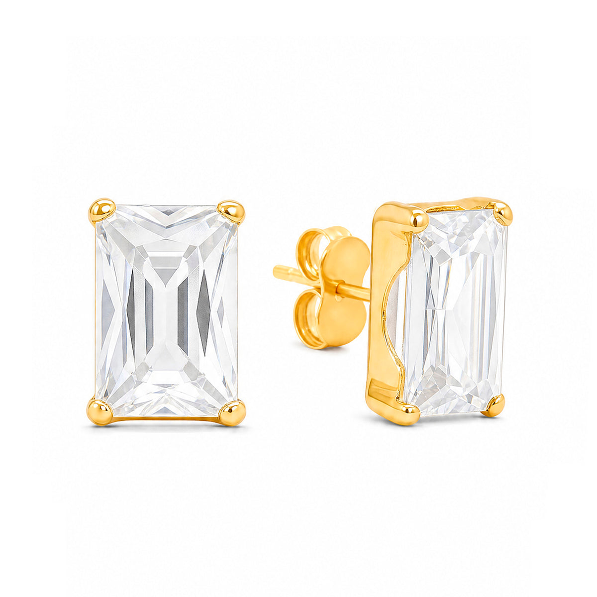 14K Yellow Gold 6MM Emerald-Cut White CZ Stud Pushback Earrings