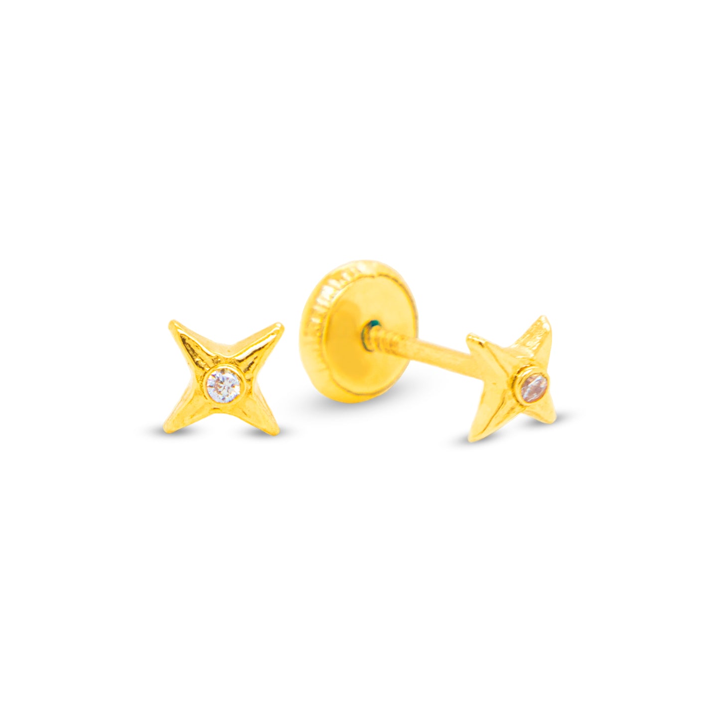 14K Yellow Gold Solitaire CZ Four-Point Star Stud Screwback Earrings