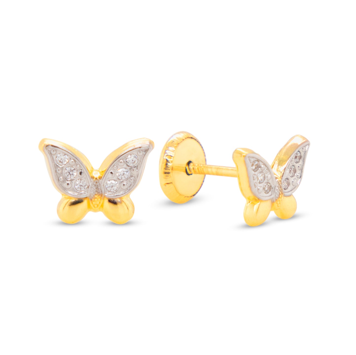 14K 2-Tones Detailed Butterfly White CZ Accents Stud Screwback Earrings