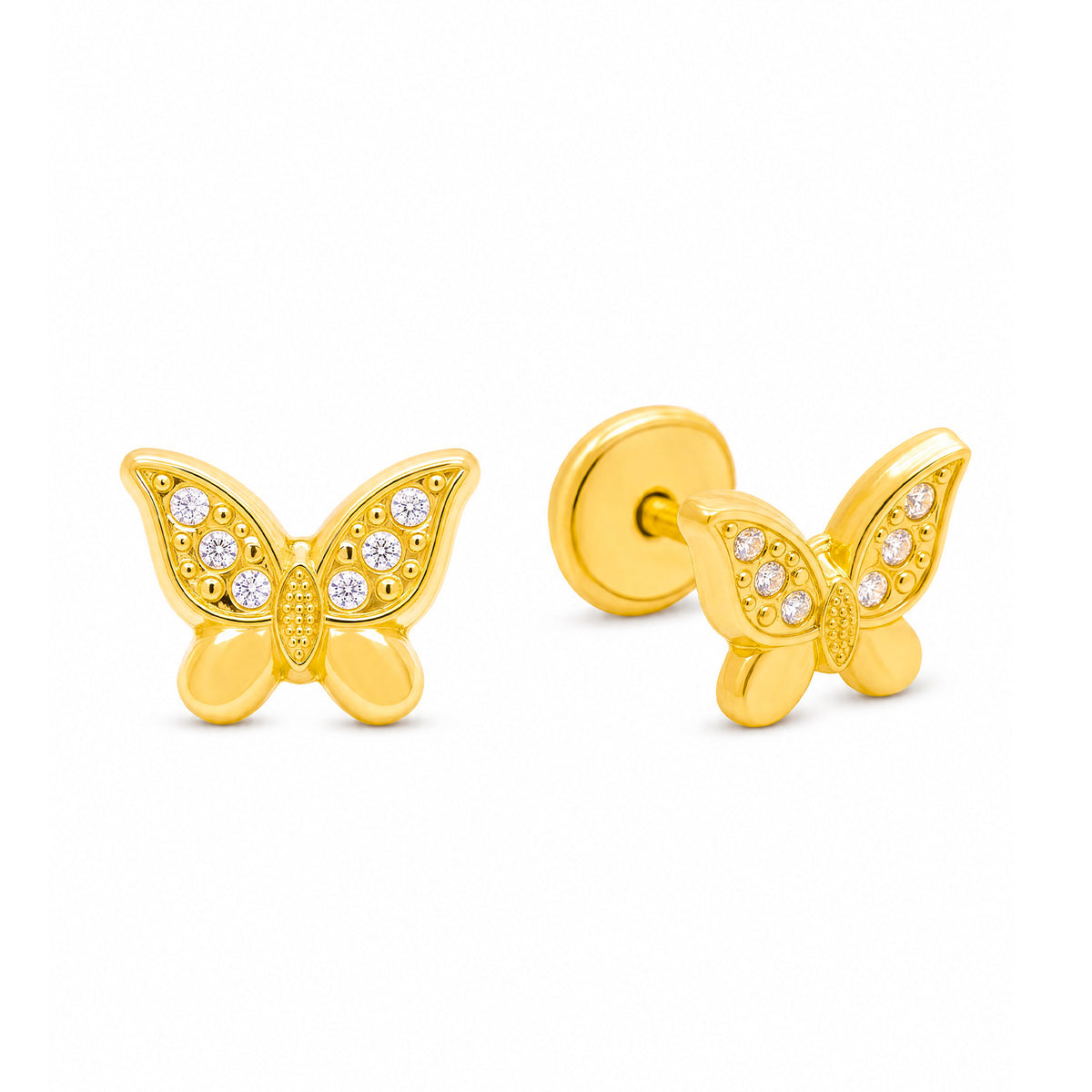 14K Yellow Gold Detailed Butterfly White CZ Accents Stud Screwback Earrings
