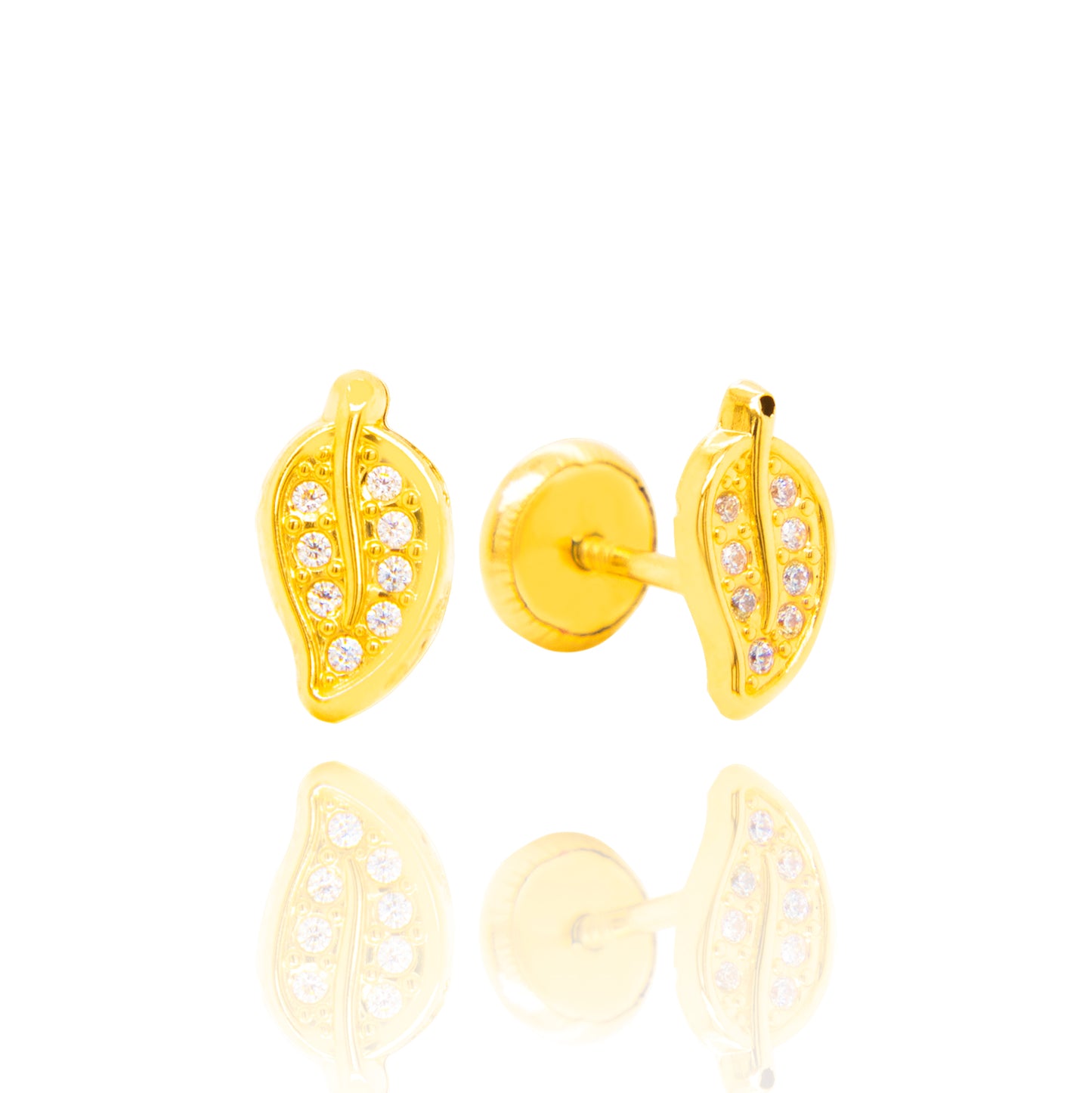 14K Yellow Gold Detailed Leaf with CZ Accent Stud Screwback Earrings