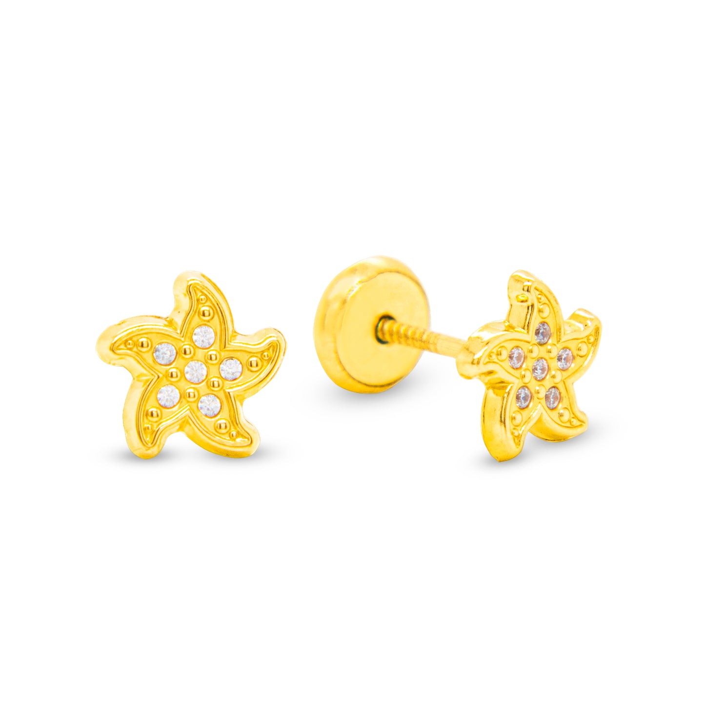 14K Yellow Gold Uniqe Starfish with White CZ Accents Stud Screwback Earrings