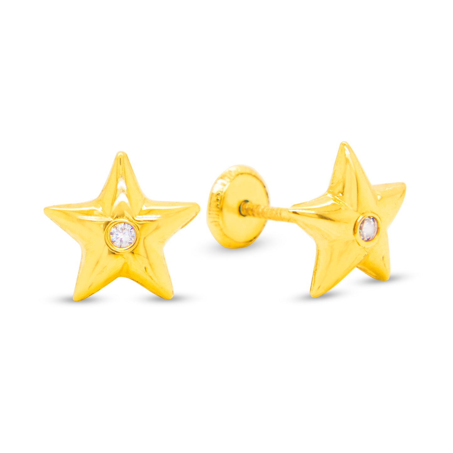 14K Yellow Gold Solitaire CZ Star Stud Screwback Earrings