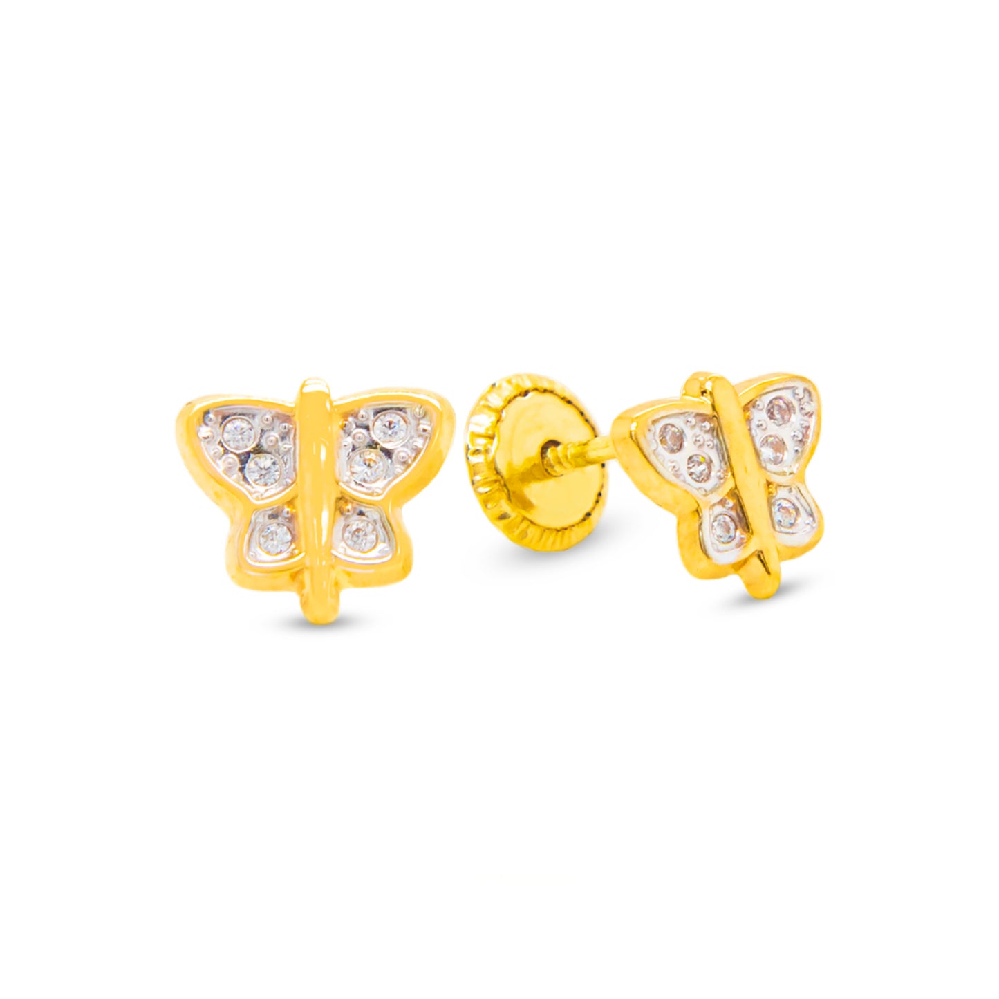 14K 2-Tones Gold Small Butterfly with White CZ Accents Stud Screwback Earrings
