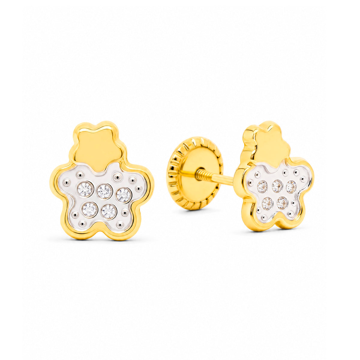 14K Yellow Gold CZ Pave Teddy Bear Stud Screwback Earrings