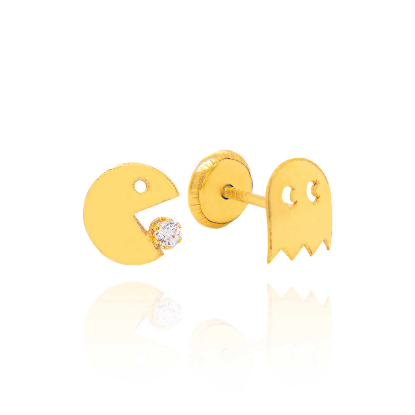 14K Yellow Gold Pac Man Mismatch with Solitaire White CZ Accents Stud Earrings