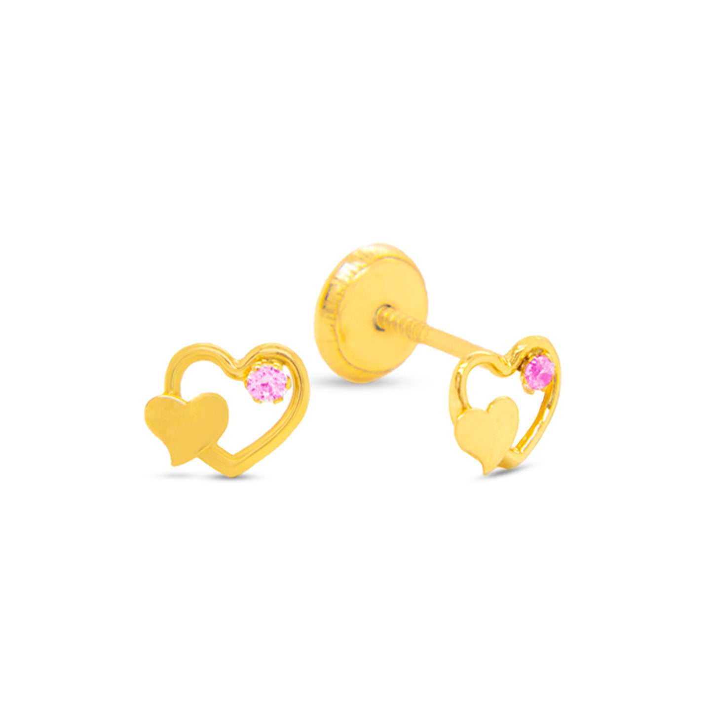14K Yellow Gold Small Open & Solid Heart with Pink CZ Stud Screwback Earrings