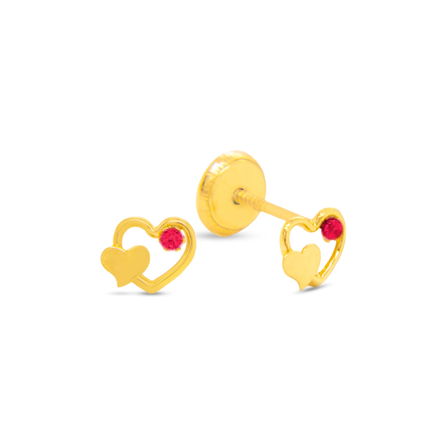 14K Yellow Gold Small Open & Solid Heart with Red CZ Stud Screwback Earrings