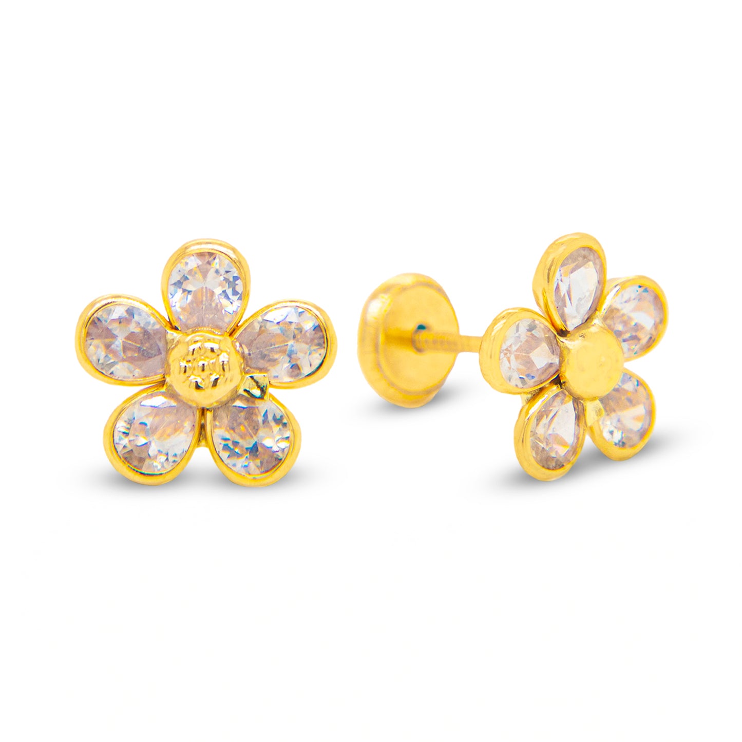14K Yellow Gold CZ with Detailed Center Flower Stud Screwback Earrings