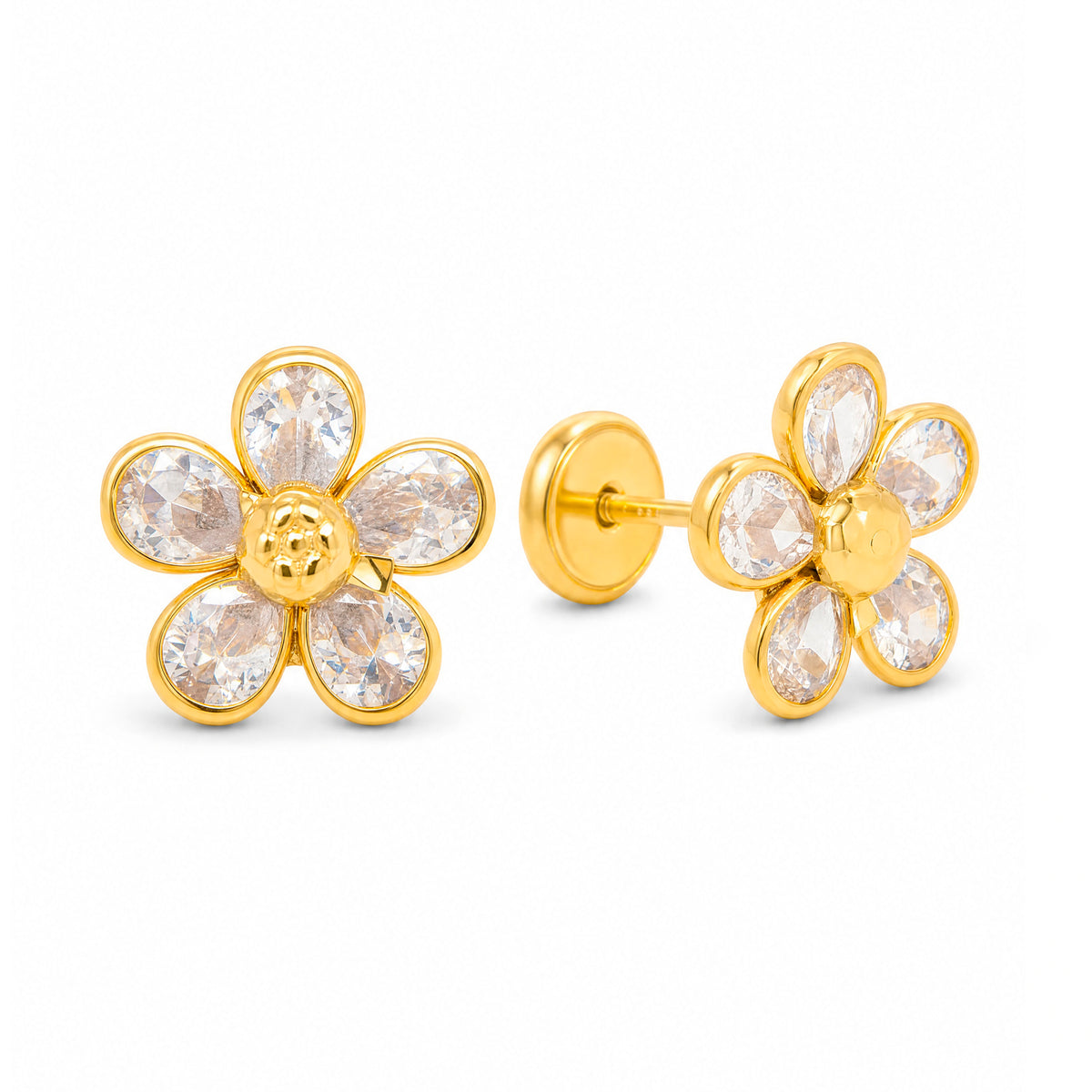 14K Yellow Gold CZ with Detailed Center Flower Stud Screwback Earrings