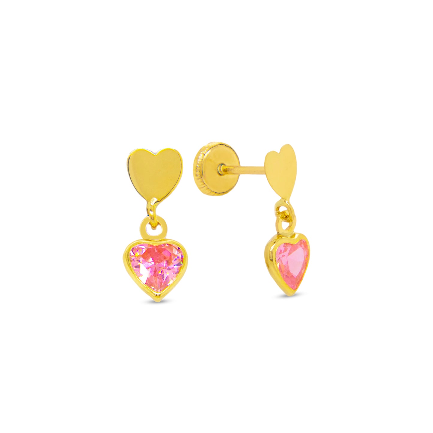 14K Yellow Gold Polished Heart and Pink CZ Screwback Earrings-Extra Small