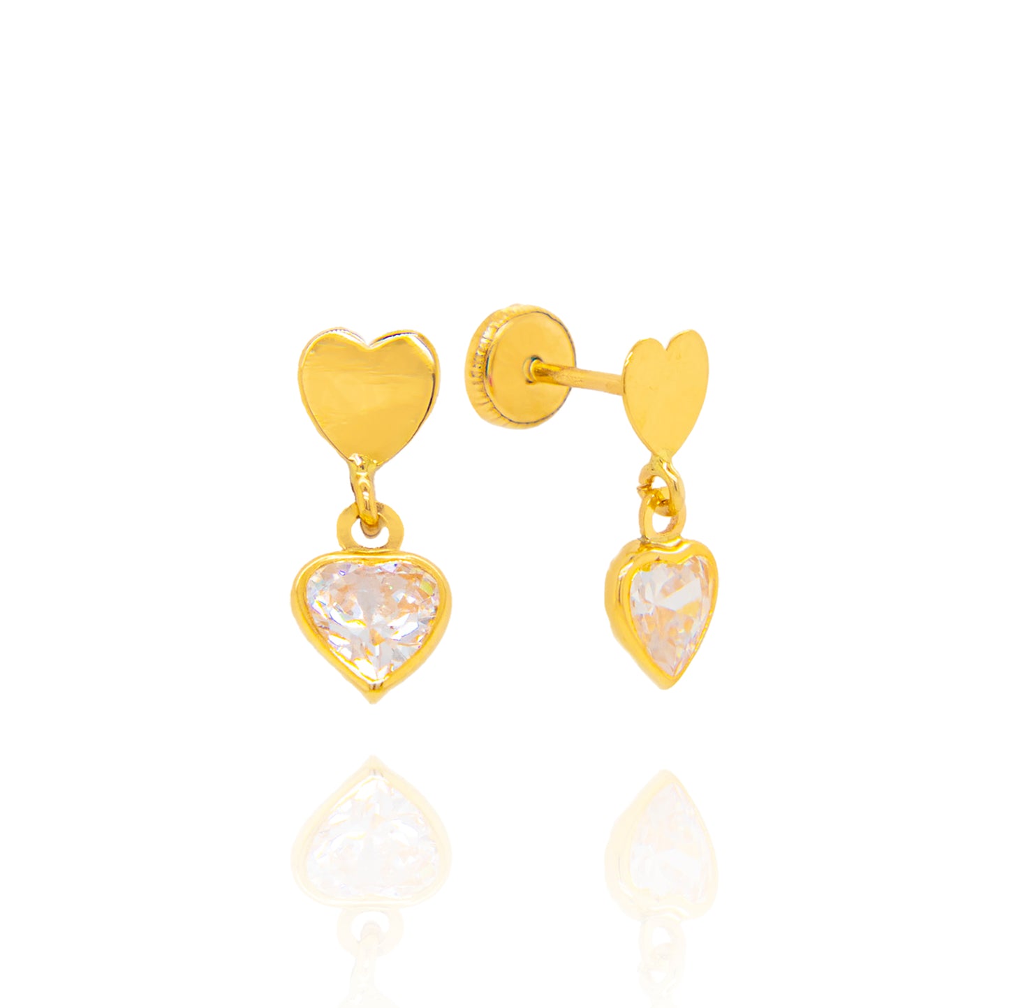 14K Yellow Gold Polished Heart and White CZ Screwback Earrings- Small