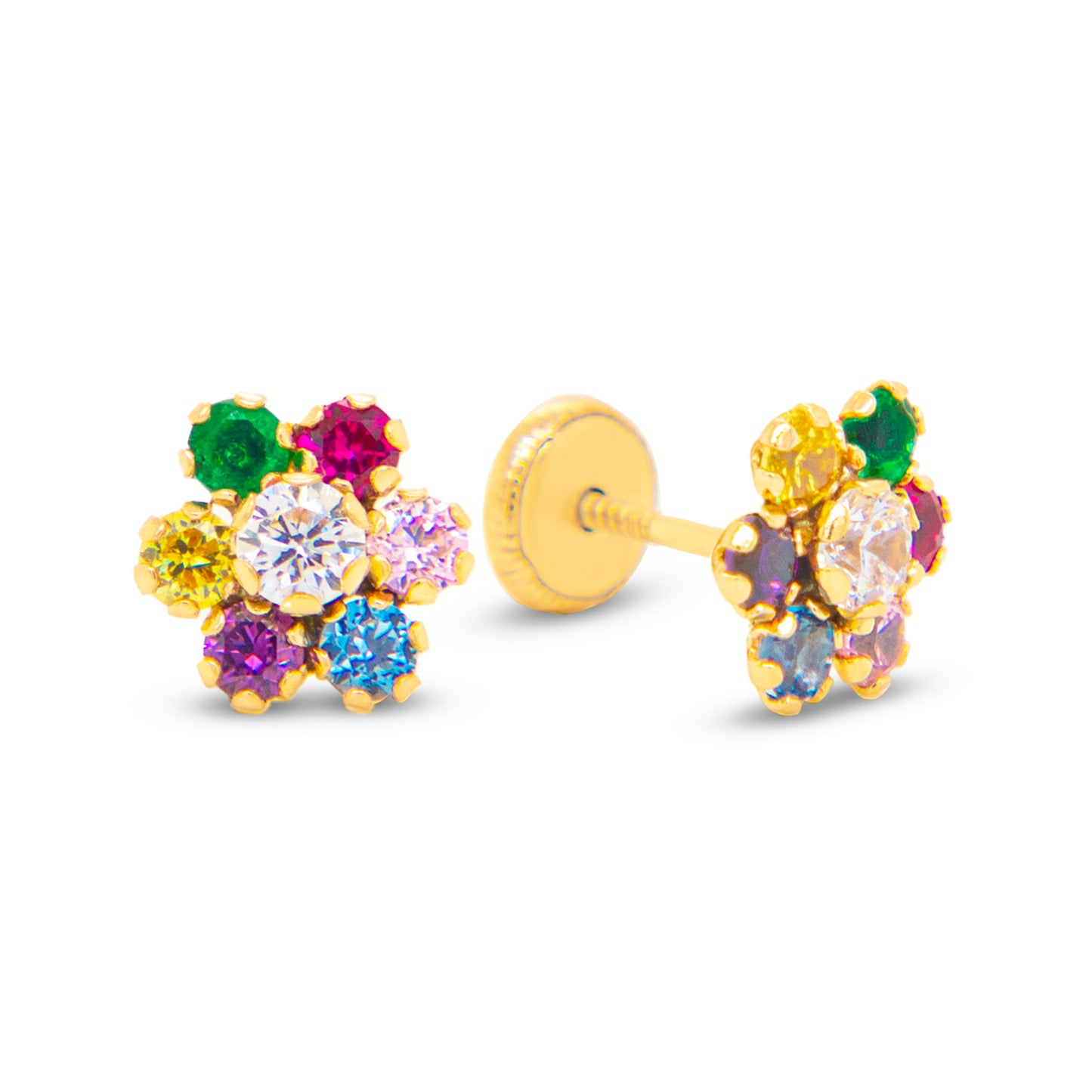 14K Yellow Gold Large Six Petal Bloom Multi-Color CZ Stud Earrings