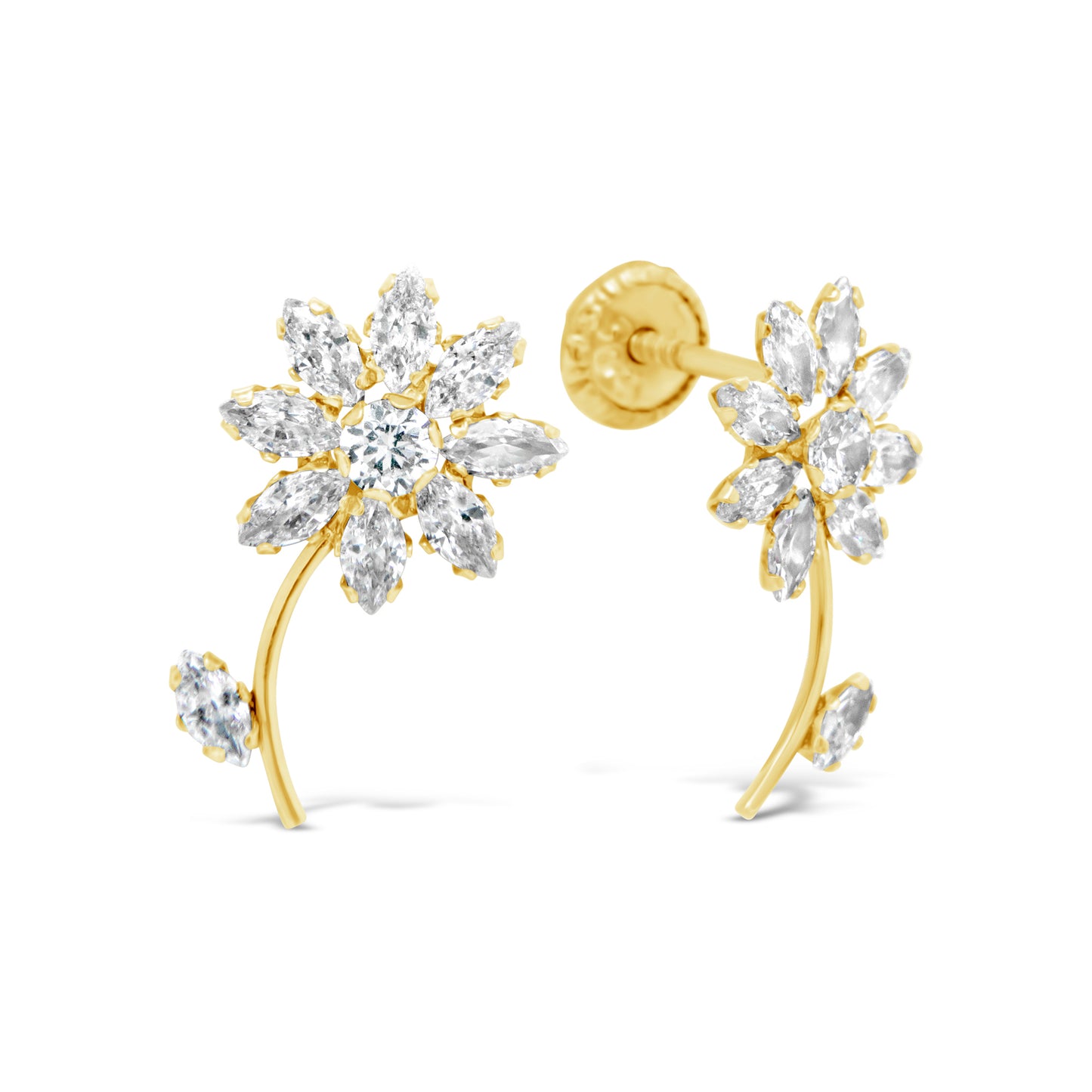 14K Yellow Gold Marquise CZ Flower Ear Climber Earrings