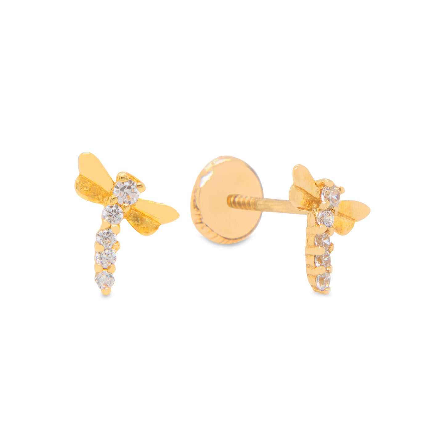 14K Yellow Gold Bumble Bee with White CZ Accents Stud Screwback Earrings-1