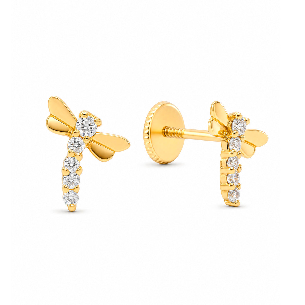 14K Yellow Gold Bumble Bee with White CZ Accents Stud Screwback Earrings-1