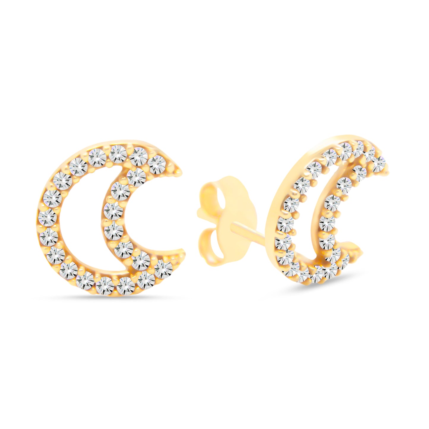 14K Yellow Gold Large Open Crescent Moon Pave White CZ Stud Pushback Earrings