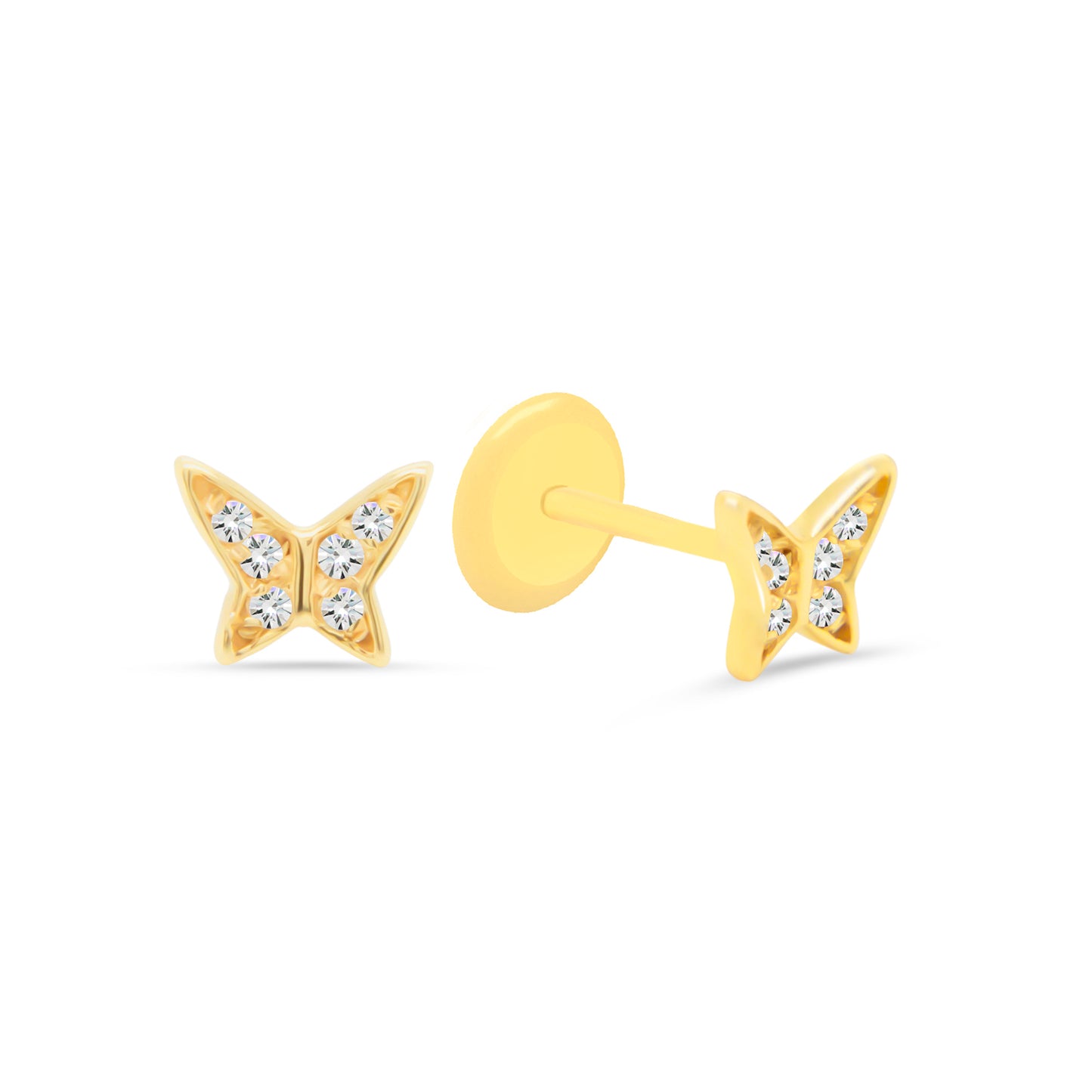 14K Yellow Gold Small Butterfly with White CZ Accents Stud Screwback Earrings-2