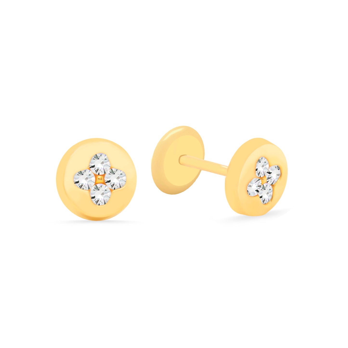 14K Yellow Gold Medium Radiant Pave Clover Round Stud Screwback Earrings