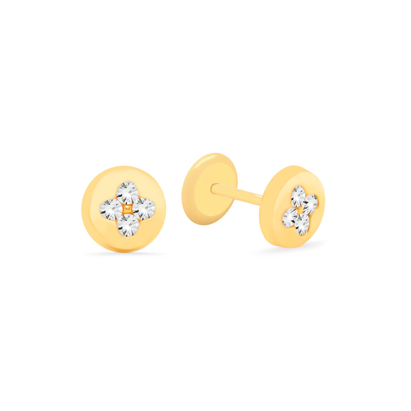 14K Yellow Gold Small Radiant Pave Clover Round Stud Screwback Earrings