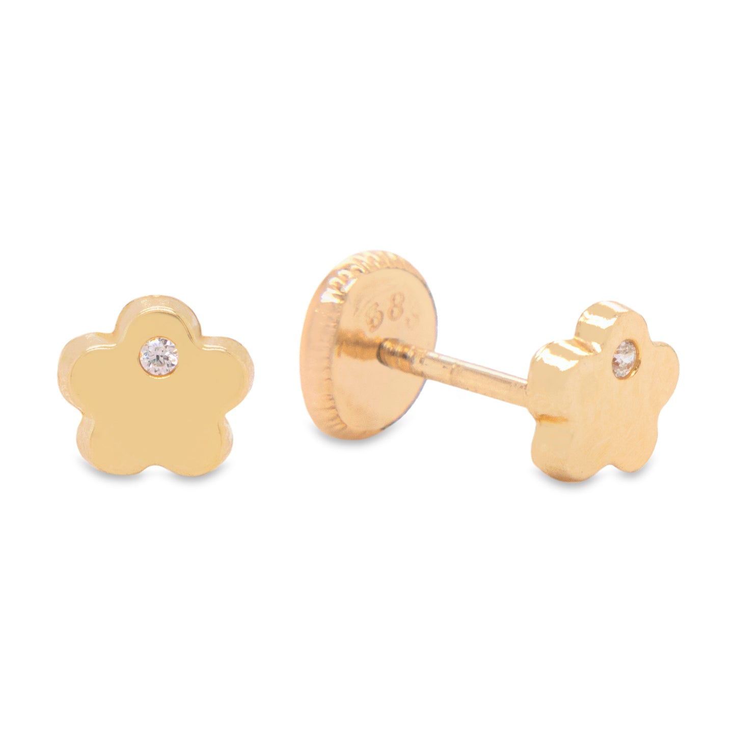14K Yellow Gold Flat Blossom Flower with CZ Accent Stud Screwback Earrings